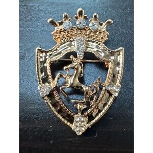Vintage Heraldic Crown Horse Noble Gold Tone Crystal Brooch Pin B103